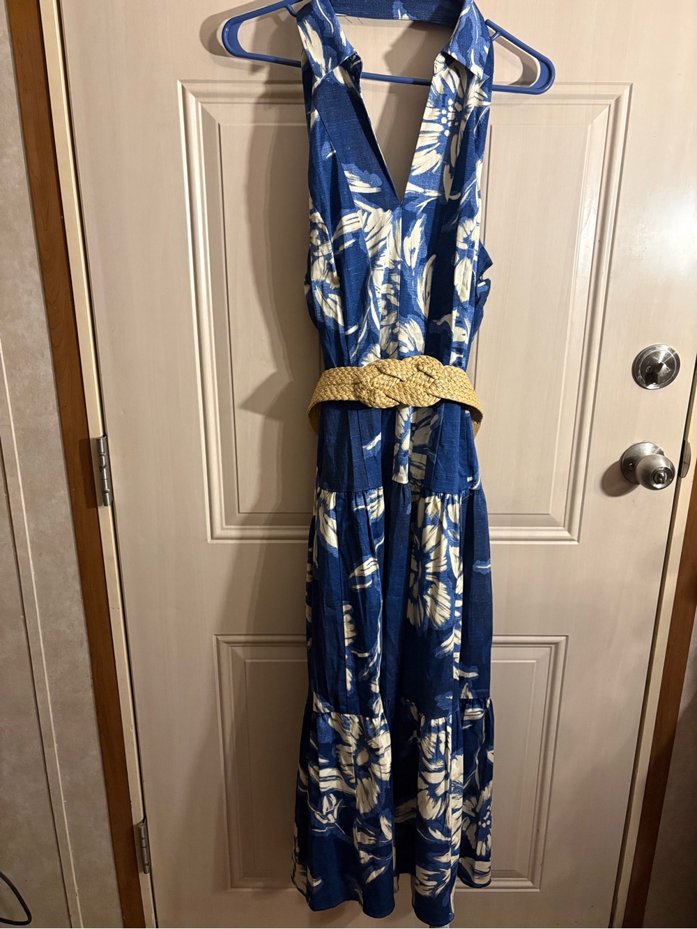 Donna Karan Women’s size 10 Blue Floral Tiered Dress with Braided Belt Boho
